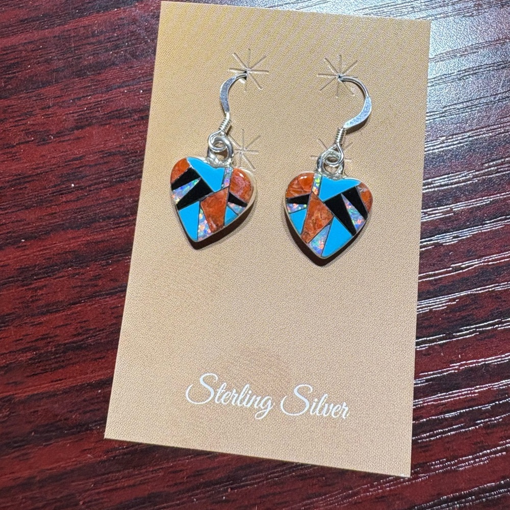 Navajo Multi Stone Sterling Silver Heart Earrings
